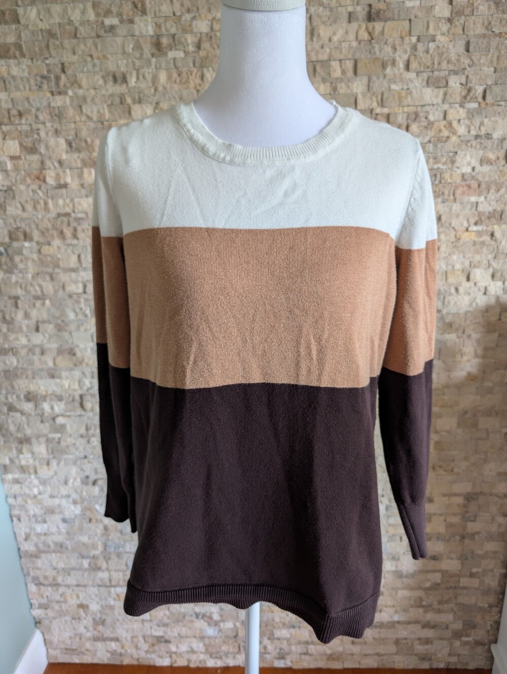Women's Colorblock Neutral Camel Brown Crewneck Sweater Spring Minimalist Luxury